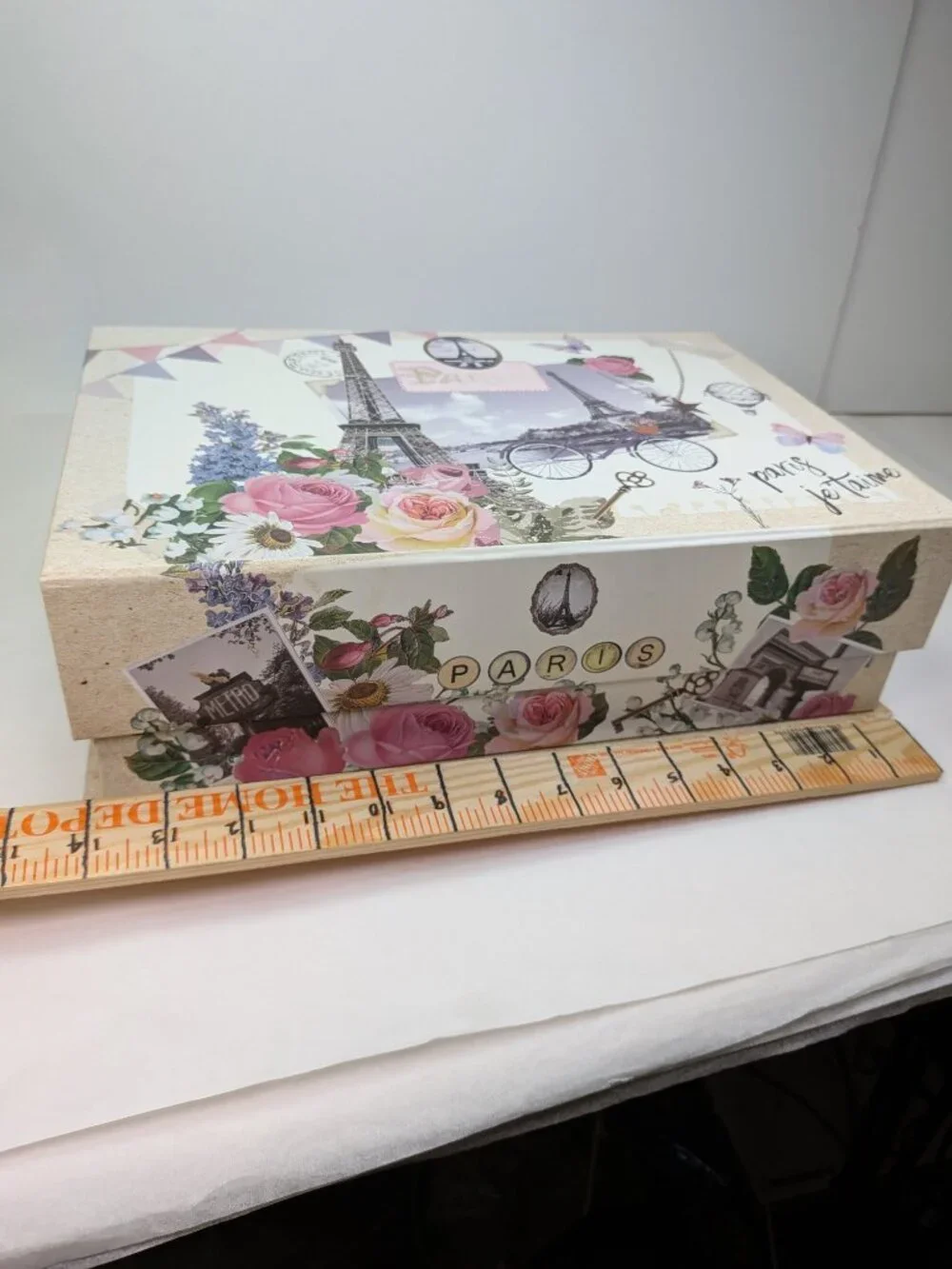Paris Eiffel Tower Collage Storage Box Whimsical Rustic Floral Large